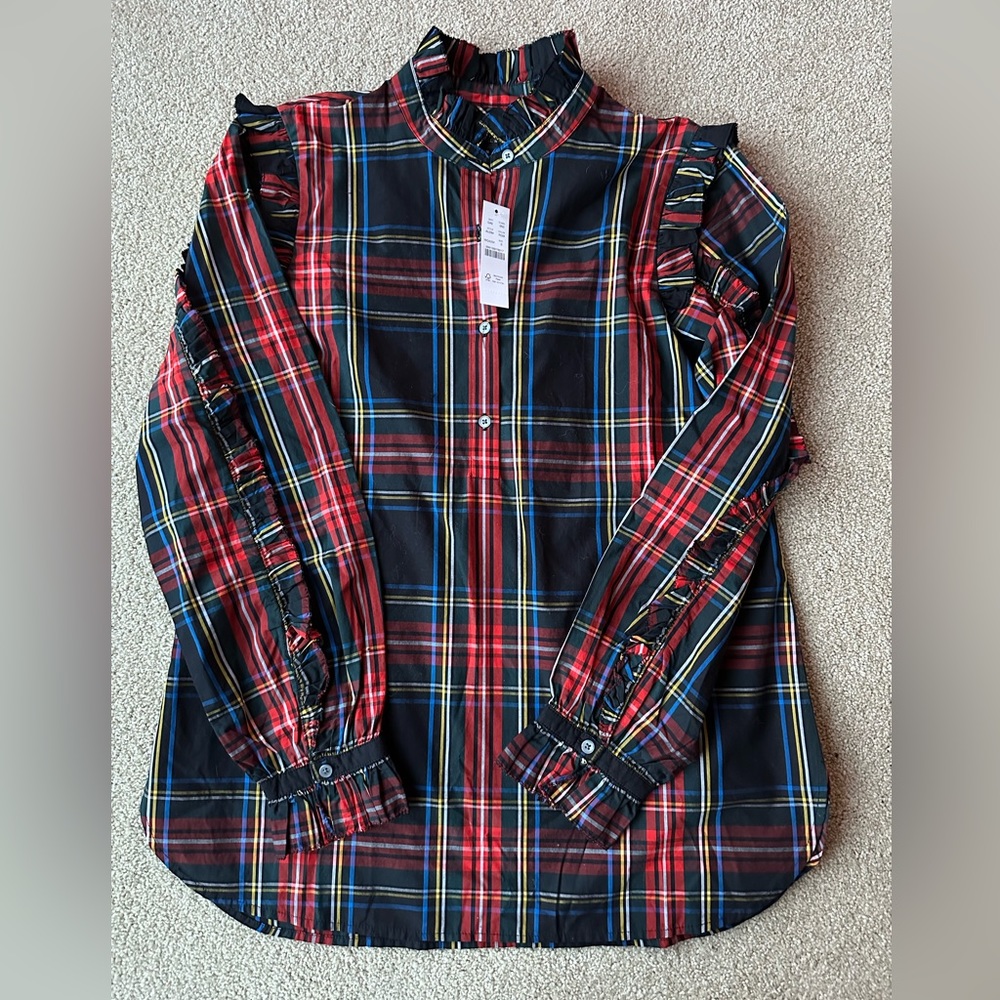 NWT J.Crew Tartan Ruffle Blouse Size S